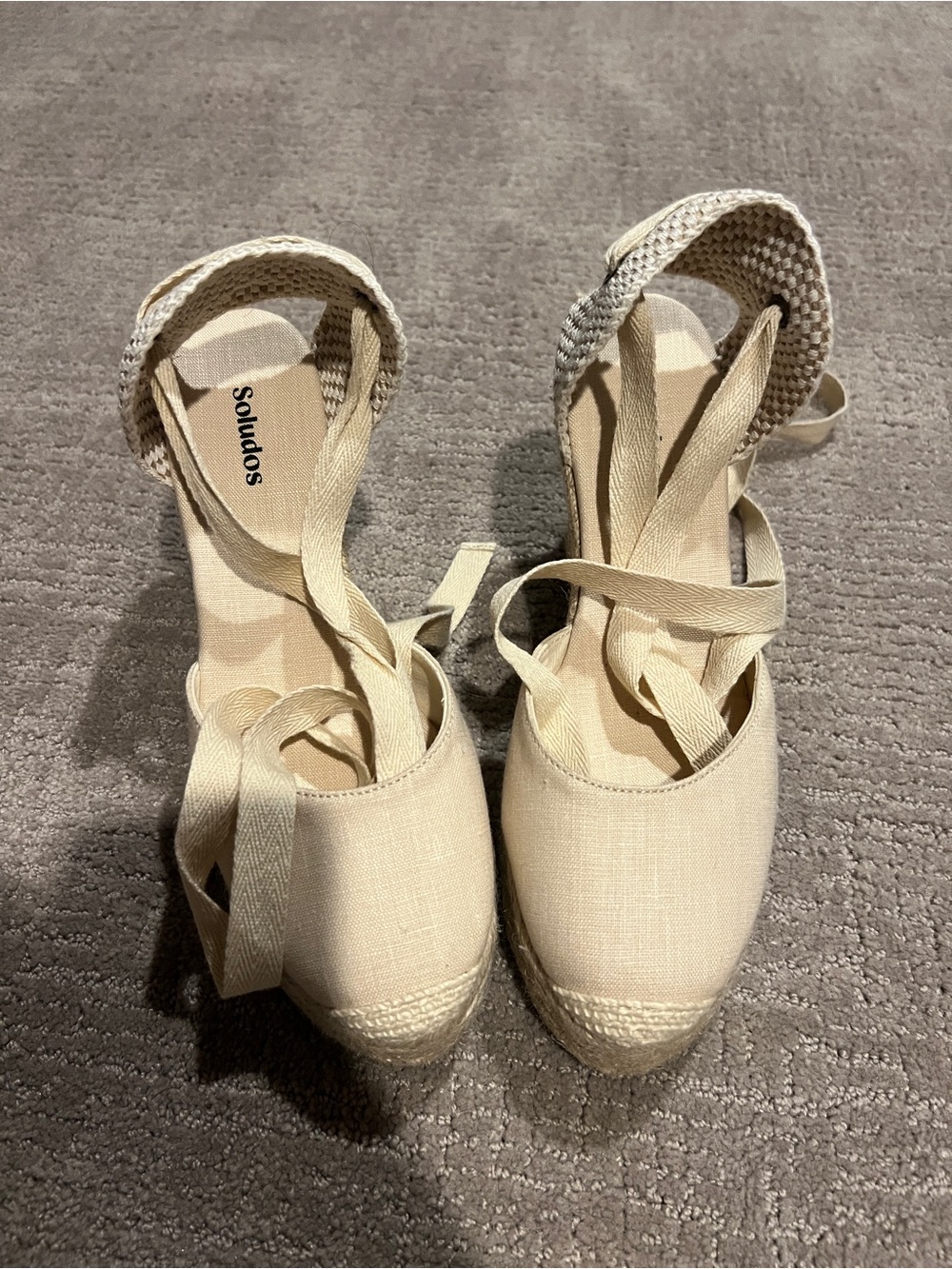 Soludos Cream Canvas Espadrille Wrap Wedge Sandals